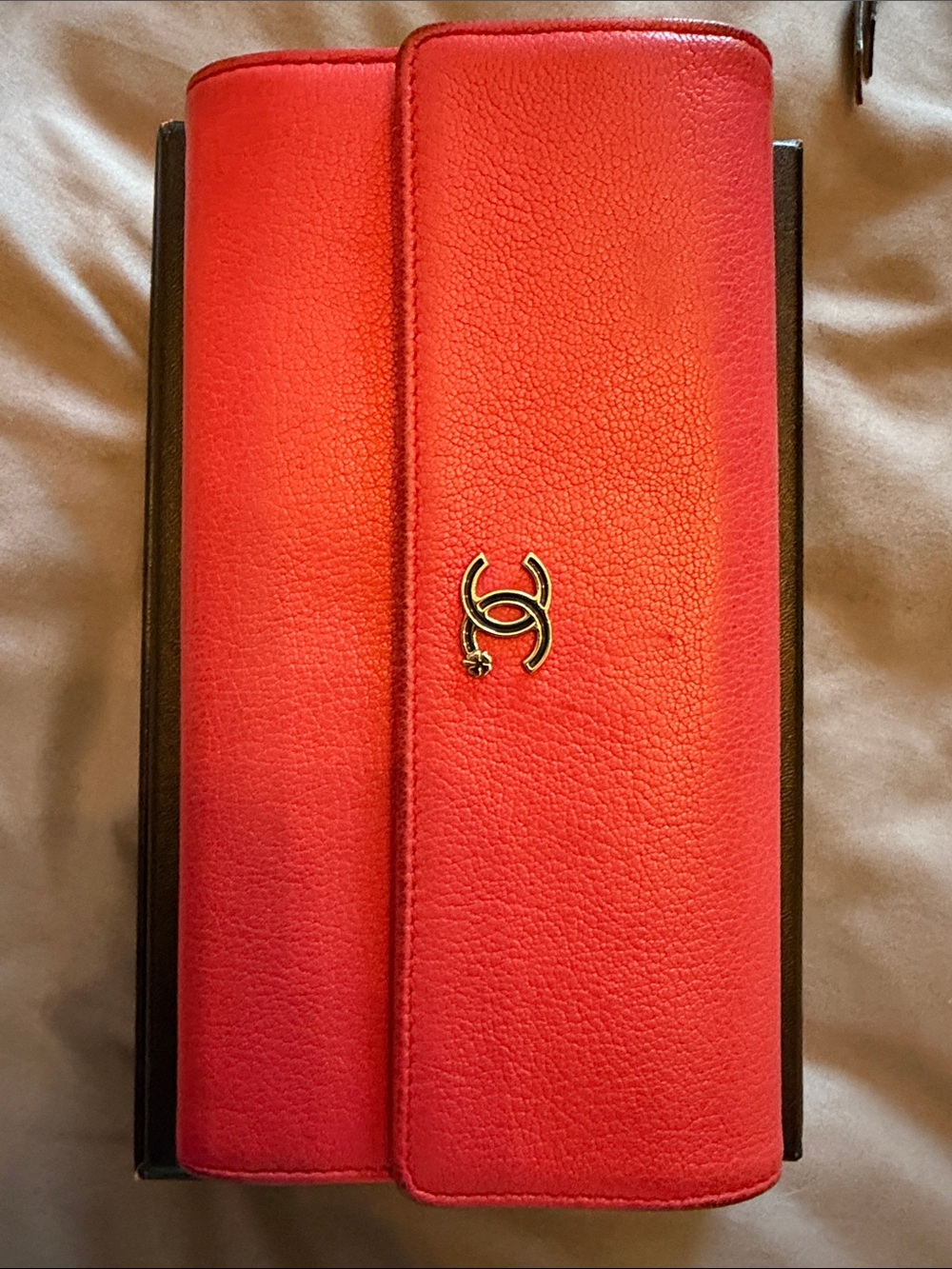 CHANEL Pink Leather Long Wallet with Gold CC Emblem